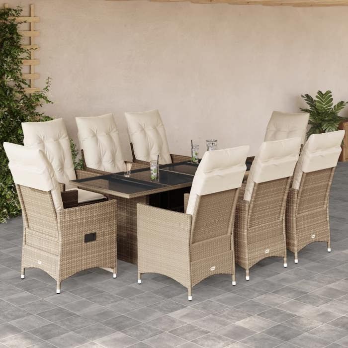 VidaXL Garden Dining Set and Cushions 9 Pcs Beige Poly Rattan, Outdoor Dining Set 3276810