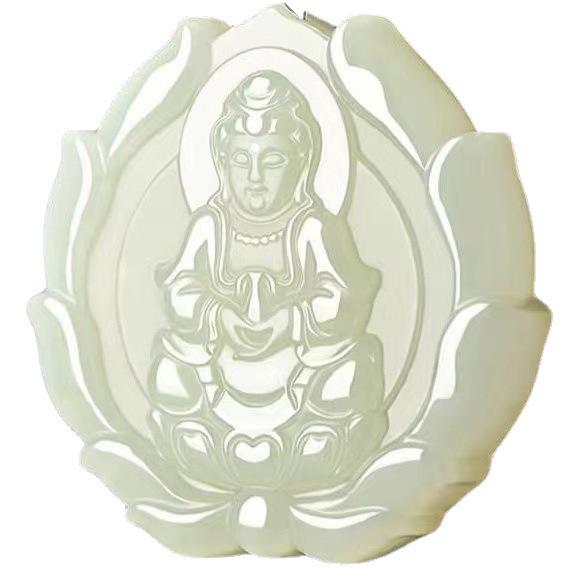 Unisex Imitation Hetian Jade Guanyin Pendant with Lotus Design - Hanging Ornament Gift