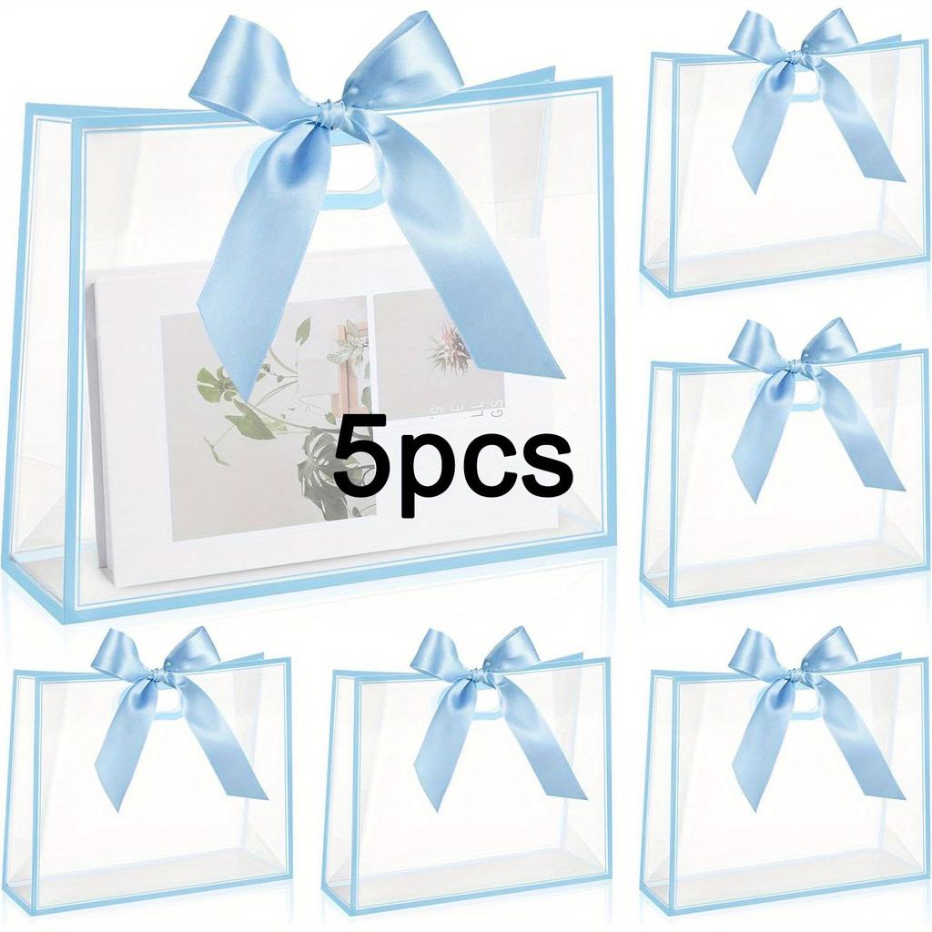 5pcs Plastic Gift Bags with Handle and Ribbon Clear Treat Bags Reusable Thank You Gift Bags Party Favors Bags Gift Wrap Bag