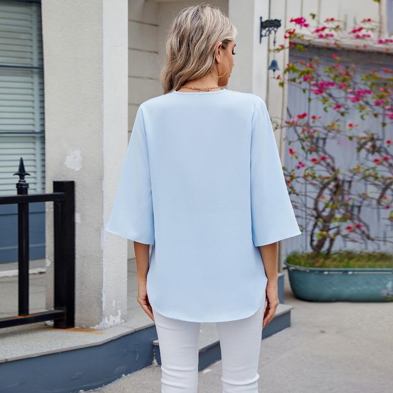 Spring Summer Solid Color V-neck Medium Sleeve Loose Chiffon Women's Shirt