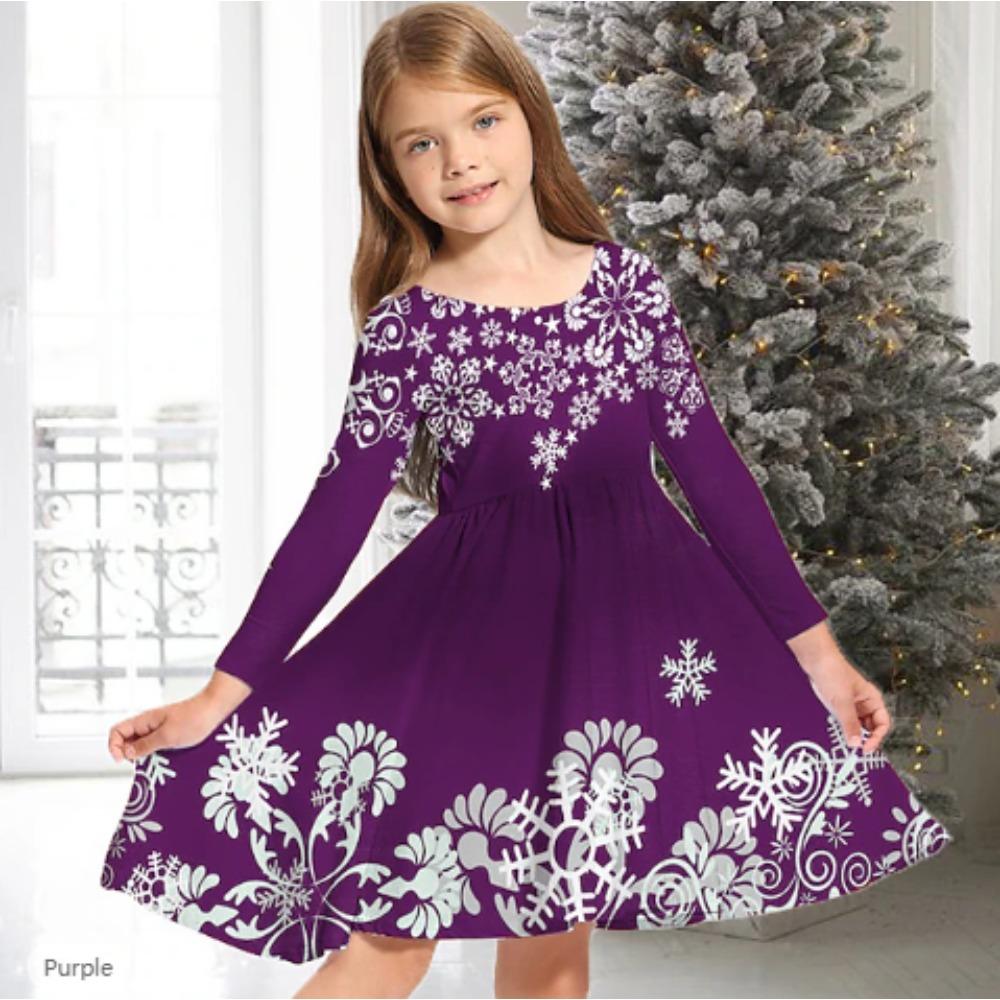 Girl Casual 3D Snowflake Print Round Neck Long Sleeve Dress Kid Princess Dress 80 фиолетовый