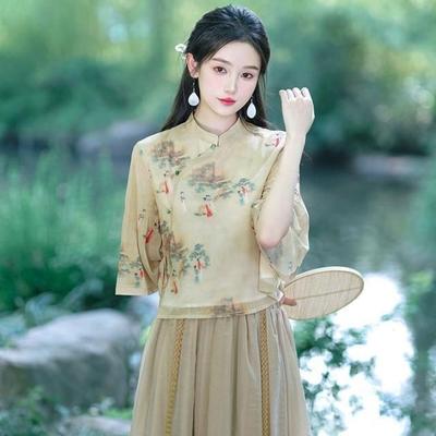 Cheongsam in stile cinese a due pezzi da giorno modificato in stile Tang per donna