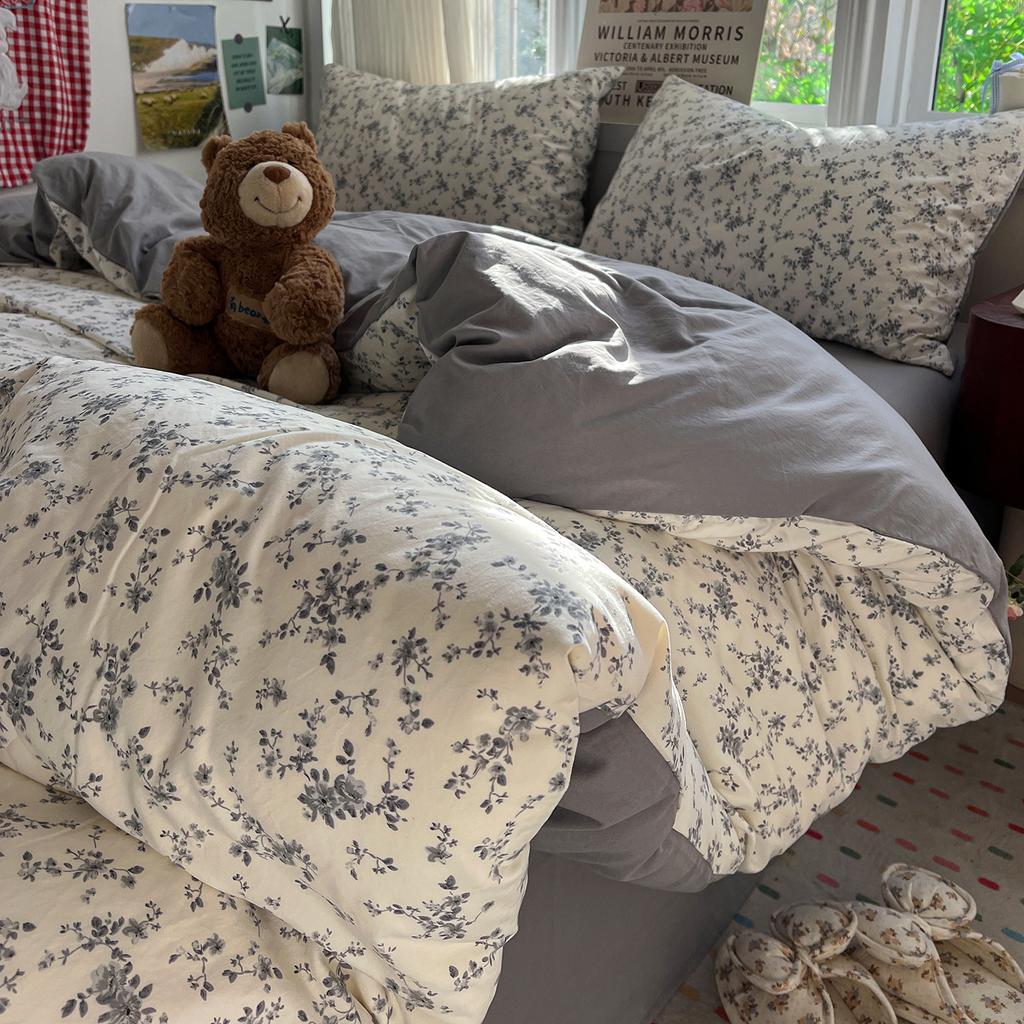 Korean Style Bedding Sets Floral Flat Sheet Duvet Cover Pillowcase Twin Queen Full Size No Filling Fitted Sheet Set Home Decor