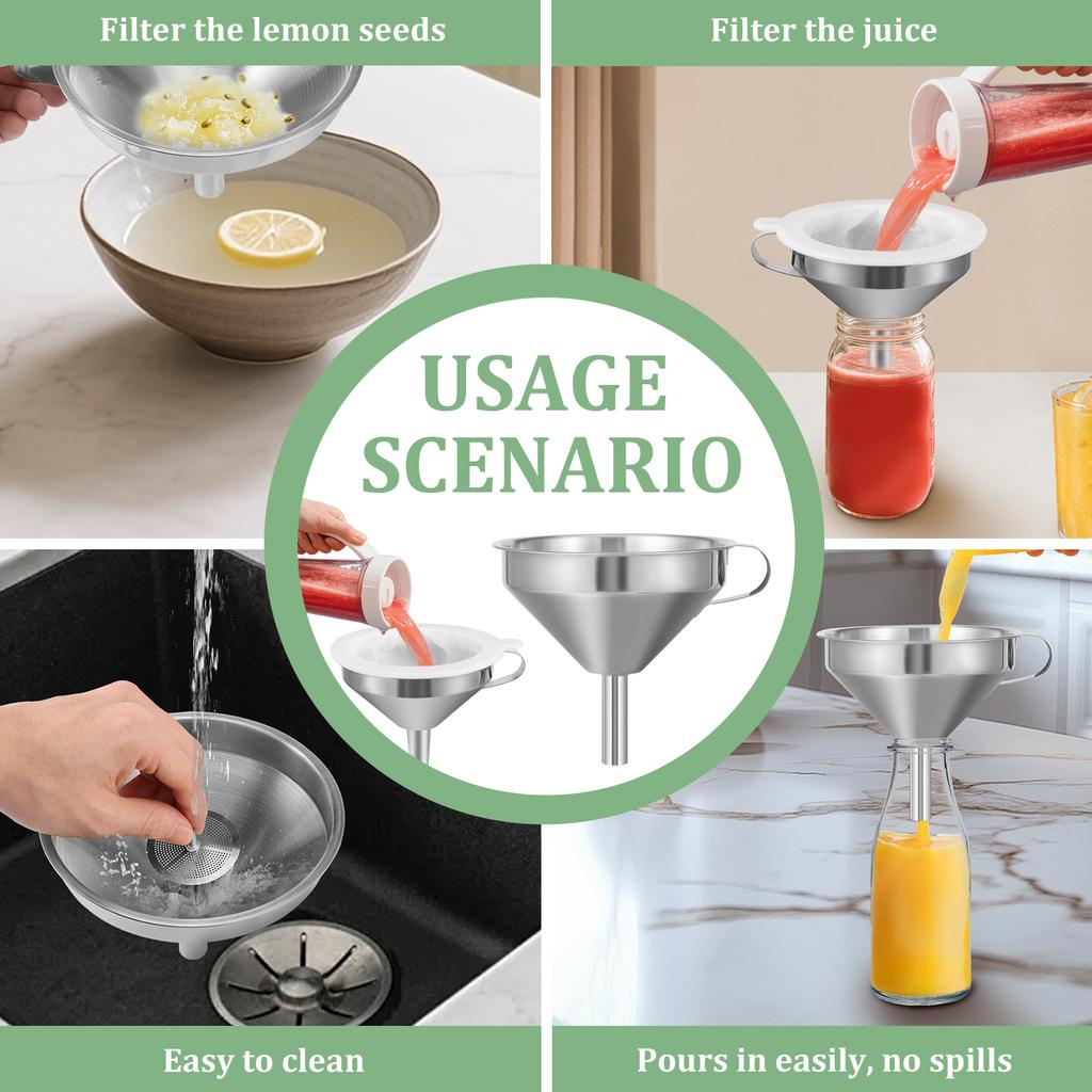 2Pcs Kitchen Funnels Set 5/6 Inch 304 Stainless Steel Oil Liquid Metal Funnel with 200/100 Mesh Strainer for Liquid Juice Wine