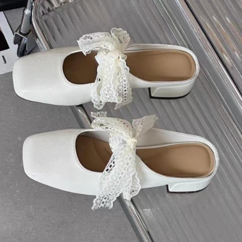 

Модные шлепанцы-баотоу на блочном каблуке, летние новые, с квадратным носком, мелким вырезом, кружевным бантом, нескользящие, износостойкие, прохладные для мытья пола 35