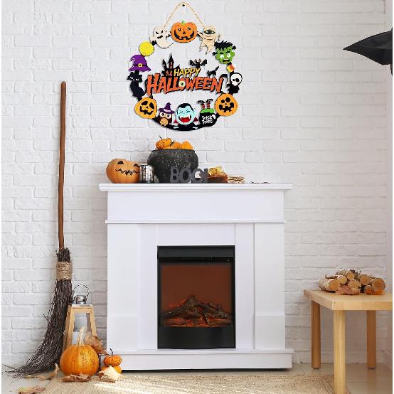 Halloween Decorations Wooden Pumpkin Ghost Door Wreath for Front Door Sign, Cute Happy Halloween Door Hanging Sign Outdoor Indoor Wall Home Decor