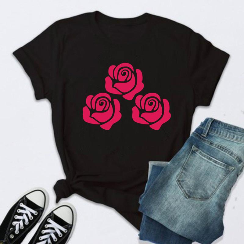 Women Rose Print Black T Shirt Female 2026 Valentine New Tshirt Fashion Short Sleeve Tee Tops Harjauku Cute Tshirt Graphic Y2K