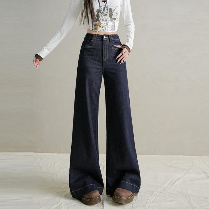 Retro Non-stick Leg Slightly Pulled Jeans Women's Autumn American High Waist Drape Niche Front Pocket Cover Hip Wide Leg Flared Pants