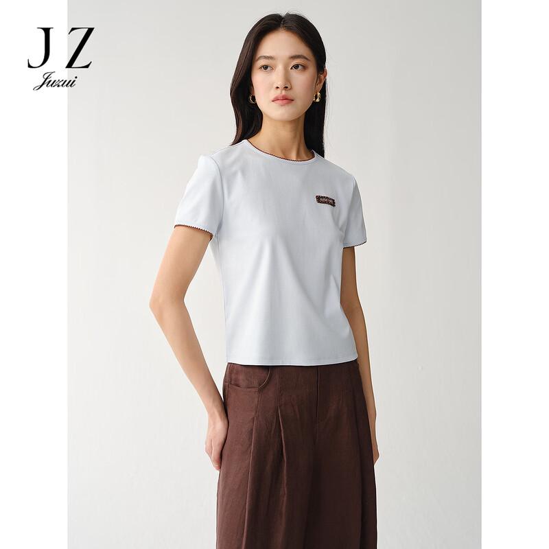 JUZUI Women s Round Neck Wave Trim T-Shirt L