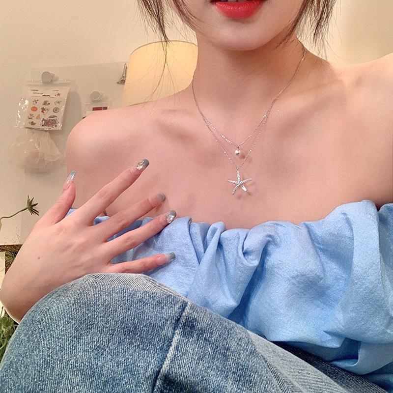 Colar requintado de estrela do mar com duas camadas, gargantilha de liga prateada brilhante, pingente, joia feminina para presente