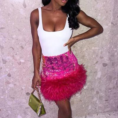 Mini-jupe taille haute à paillettes brillantes et ourlet en fourrure pour femme, jupe courte de couleur unie, sexy et rehaussante, tenue de club