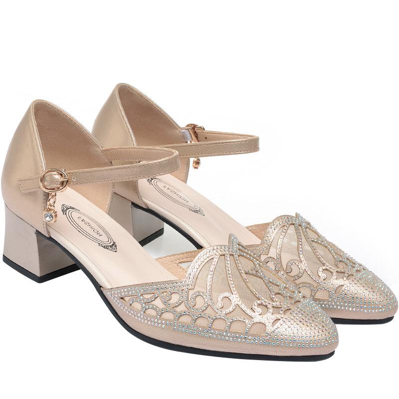Summer Women One-word Buckle Sandals Flat Mid Heel Chunky Heel  PU Leather Shoes Hollow Mesh Soft Bottom Mom Single Shoes