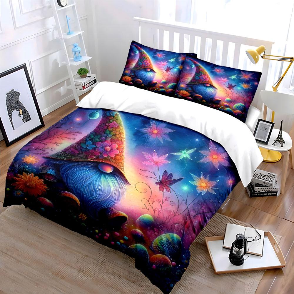 Colorful Gnome and Floral Set Bedding Duvet Cover Set Duvet Cover Pillowcases (1 * Duvet Cover 2 * Pillowcases, without duvet insert)