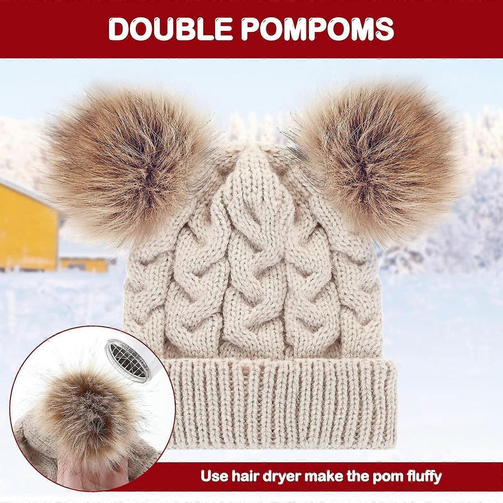 3 Pieces Kids Knitted Woolen Hat Winter Warm Pom Pom Beanie Cap Knit Hat with Detachable Pom for 1-3 Years Old Girls Boys