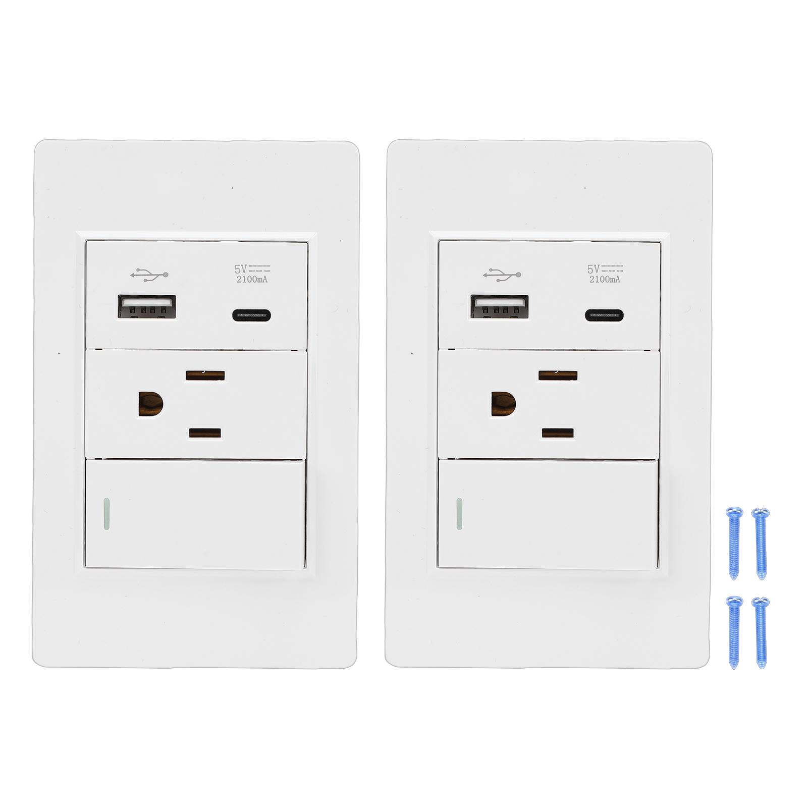 

2PCS Electrical Wall Receptacle Outlet 15A 3 Hole Wall Outlet USB 2.1A 5V 10W White Home PC 1 Gang Single Control AC Outlet Wall Socket&US