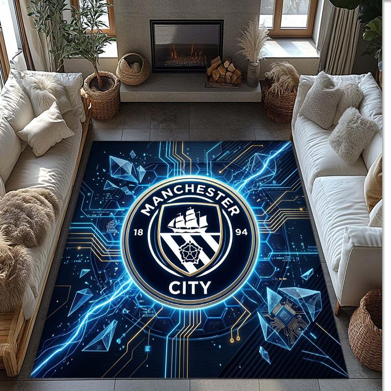 Manchester City Printed Flannel Area Rug Non Slip Soft Polyester Floor Carpet Indoor Decor Mat for Bedroom Living Room Sofa