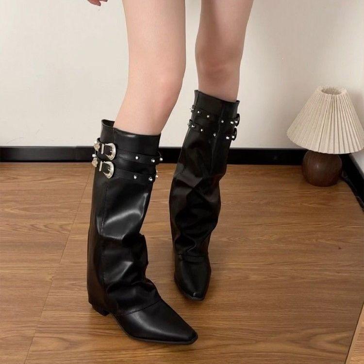 Soft leather stacked pointed thick heel boots new double row rivet buckle western knight boots fashionable women