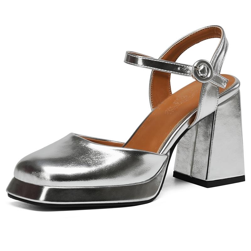 

Роскошные женские сандалии Летняя обувь 2025 Ремешок на щиколотке Золото Серебро Высокий каблук Закрытый носок Вечерняя обувь Женский дизайнер Большой размер 45 39 серебряный