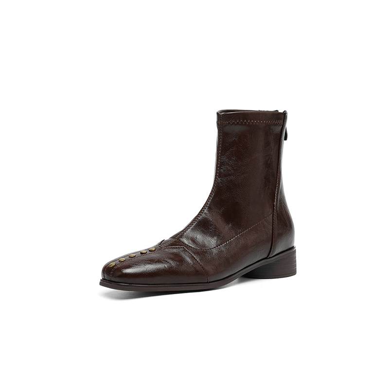Krazing Pot Microfiber Winter Square Toe Modern Size 33 Boots Size 43 Metal Rivets Med Heels Zipper Women Ankle Boots