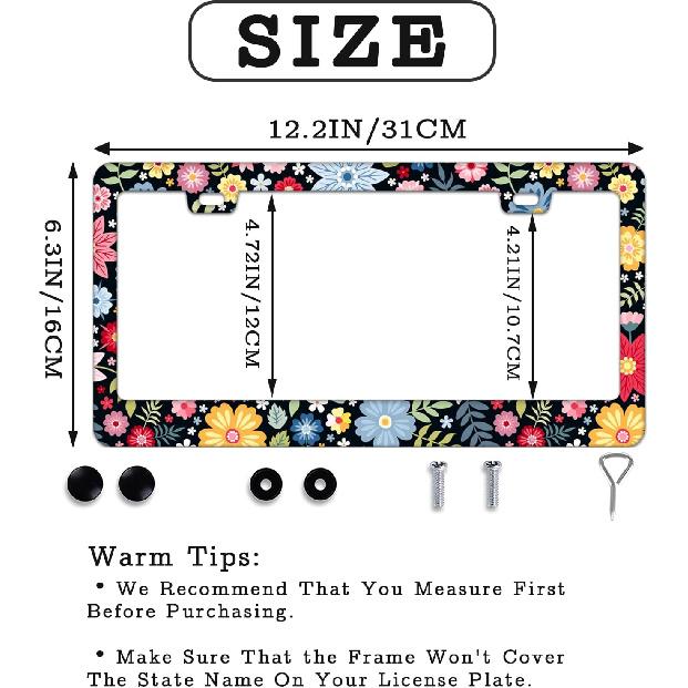 Personalized License Plate Frame Hippie Flower License Plate Frame 2 Pcs Stainless Steel License Plate Cover For Men Women For Car Decoration Size