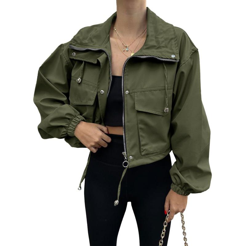 Women's Fashion Casual Solid Color Print Autumn Winter Long Sleeve POLO Neck Jackets  Coats