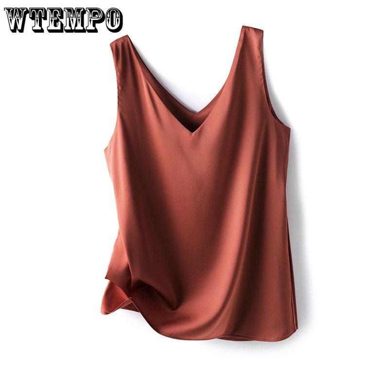 WTEMPO Women V-neck Sleeveless Blouses Elegant Silk Satin Vests Female Summer 2023 Casual Loose Tanks & Camis Solid Green Tops