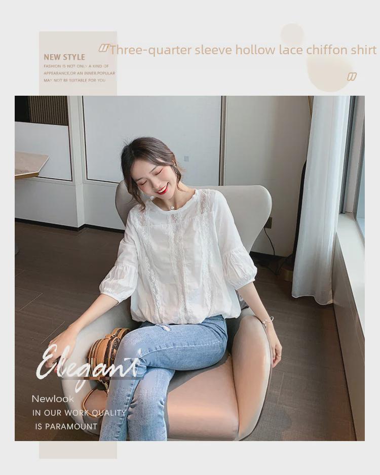 Women's Floral Lace Shirt with Lantern Sleeves - 2022 Spring/Summer Chiffon Hollow Top