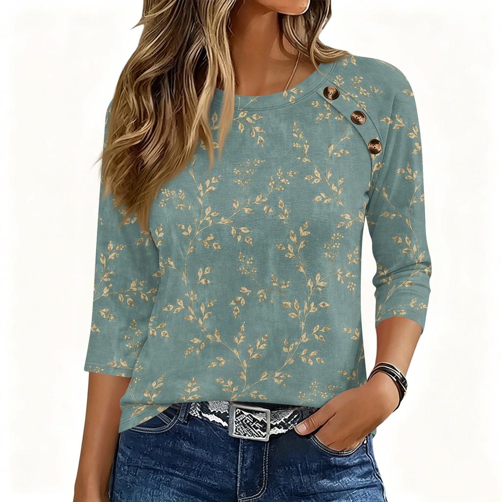 Women 34 Sleeve Crew Neck Button T Shirt Floral Print Casual Loose Fit Top for Daily and Office Wear