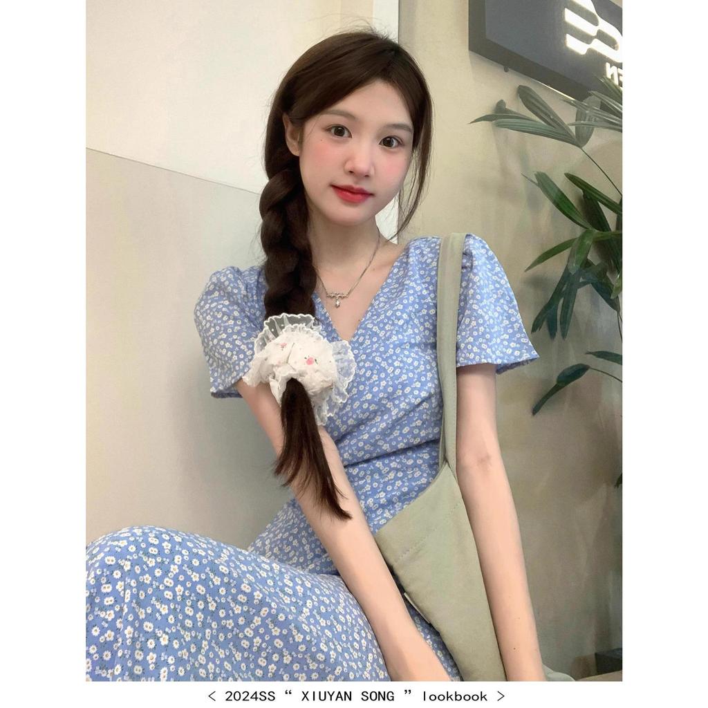 2024 Summer Women's Korean Blue Floral V-Neck Short-Sleeve Maxi Dress