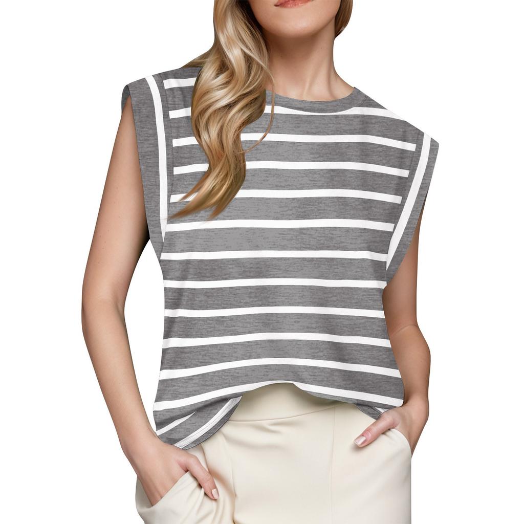 Women's Fashion Cap Sleeve Top Summer Vest Basic T-Shirt Casual Loose Striped Solid Color Top