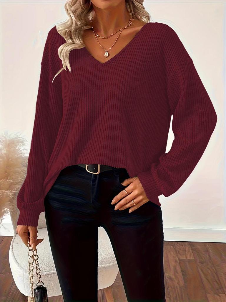 European & American Women's V-Neck Solid Sweater - Autumn Long Sleeve Casual Loose Bow Top