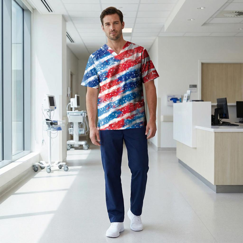 Men's Short Sleeve V-Neck  Print Chest Pocket Care Top
