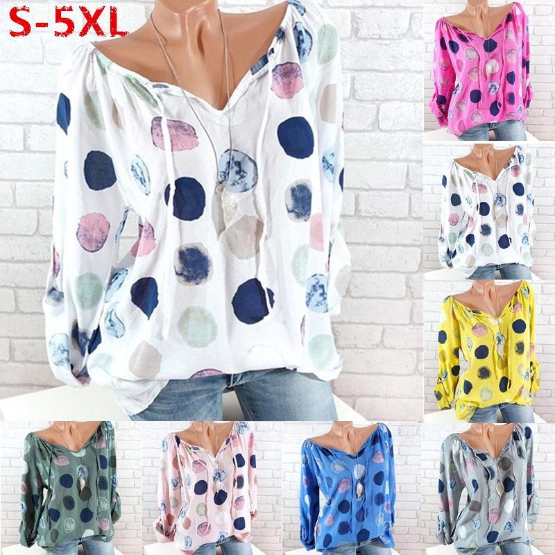 Elegant Women Summer Fashion Long Sleeve Blouse V-neck Stylish Dot Printed Shirts Tops