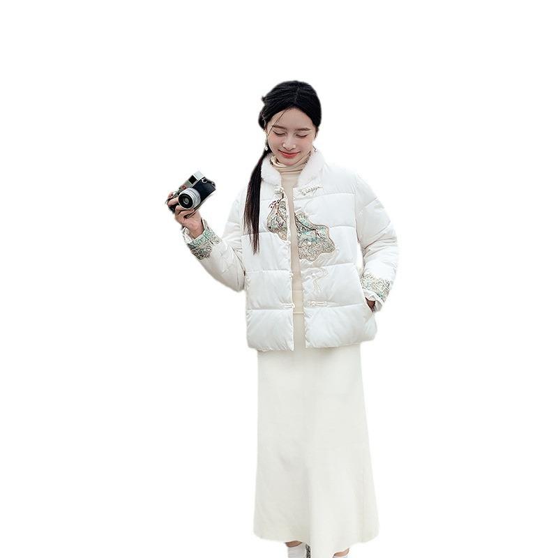 National Wind Plus Size Cotton Jacket Women's Short Jacket Plush Stand-up Collar Embroidery Plate Mouth Retro Ethnic Style Blouse Cotton Clothing