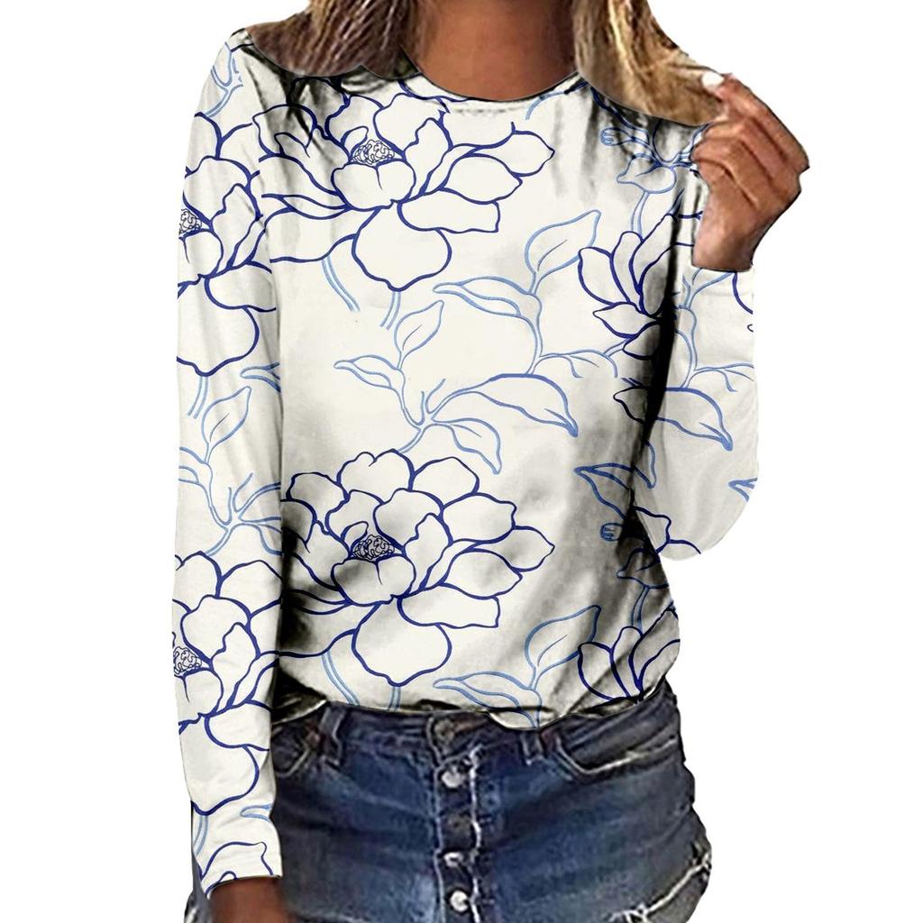 Modne codzienne damskie T-shirty z okrągłym dekoltem i nadrukiem kwiatów 3D z długim rękawem