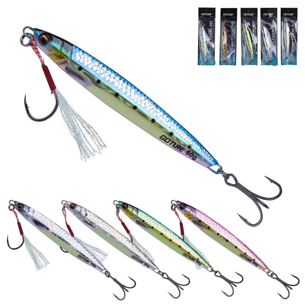 GOTURE Metal Jig with Triple Metal Jig Jig Sabiki 5 Hooks, Set, Lure, Colors, 60g, 11.5cm