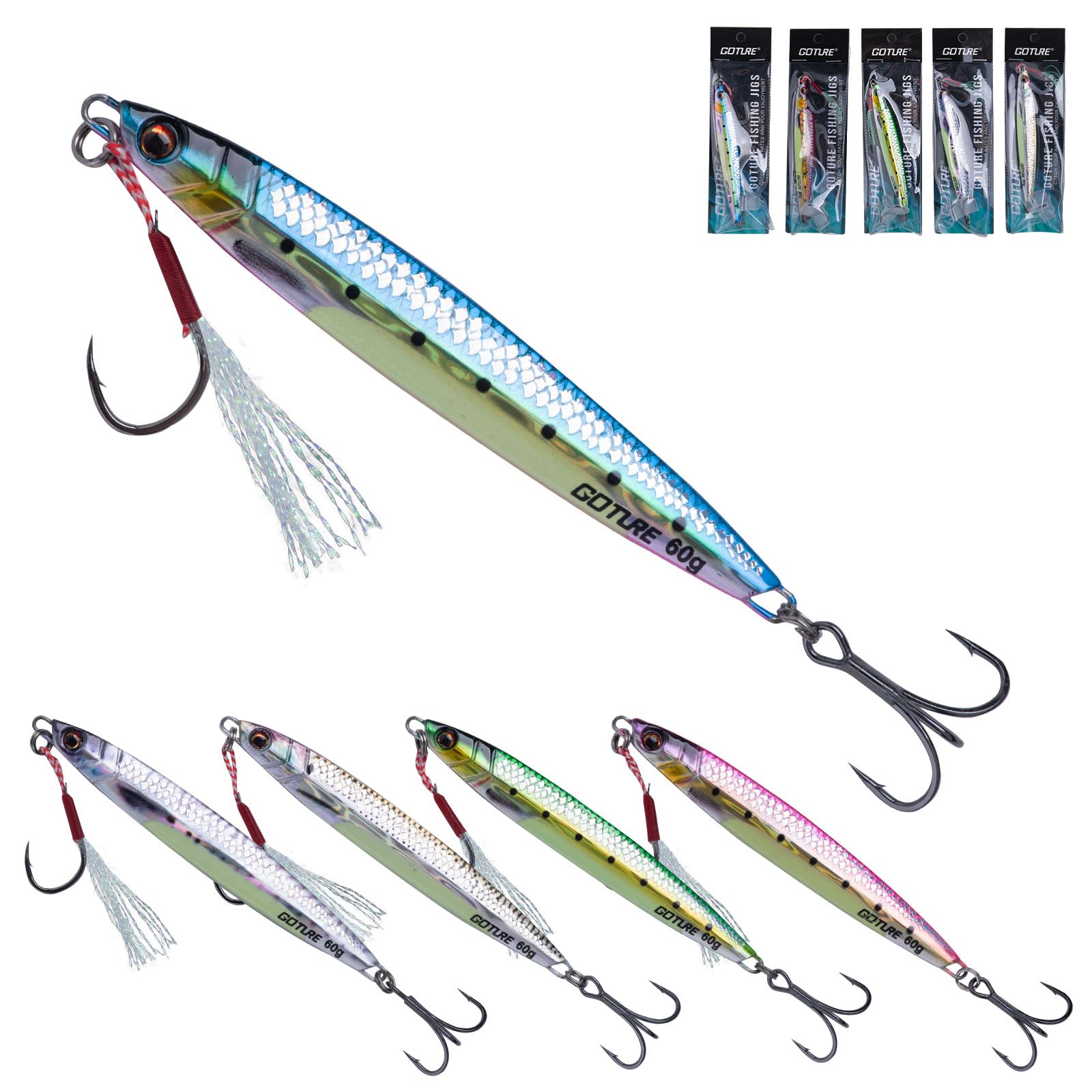 

GOTURE Металлический джиг с тройным металлическим джигом Джиг Сабики 5 крючков, Набор, Приманка, Цвета, 60г, 11.5см