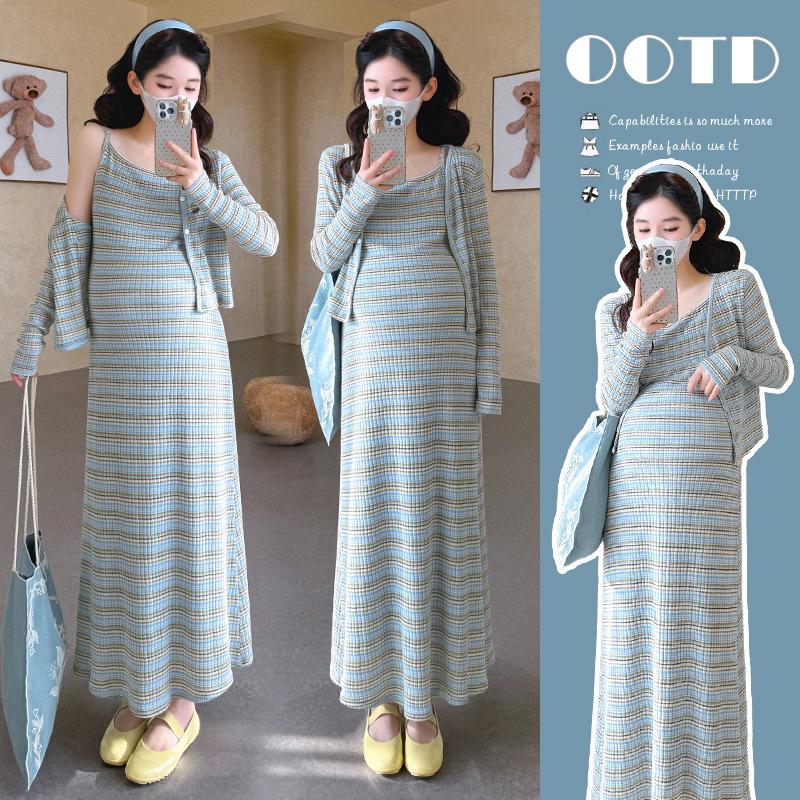 2026 Spring Striped Maternity Cardigan & Knit Dress Two-Piece Set M