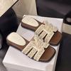 Pearl French holiday cool slippers women's summer wear 2025 new flat-bottomed non-slip with skirt gentle one-word slippers