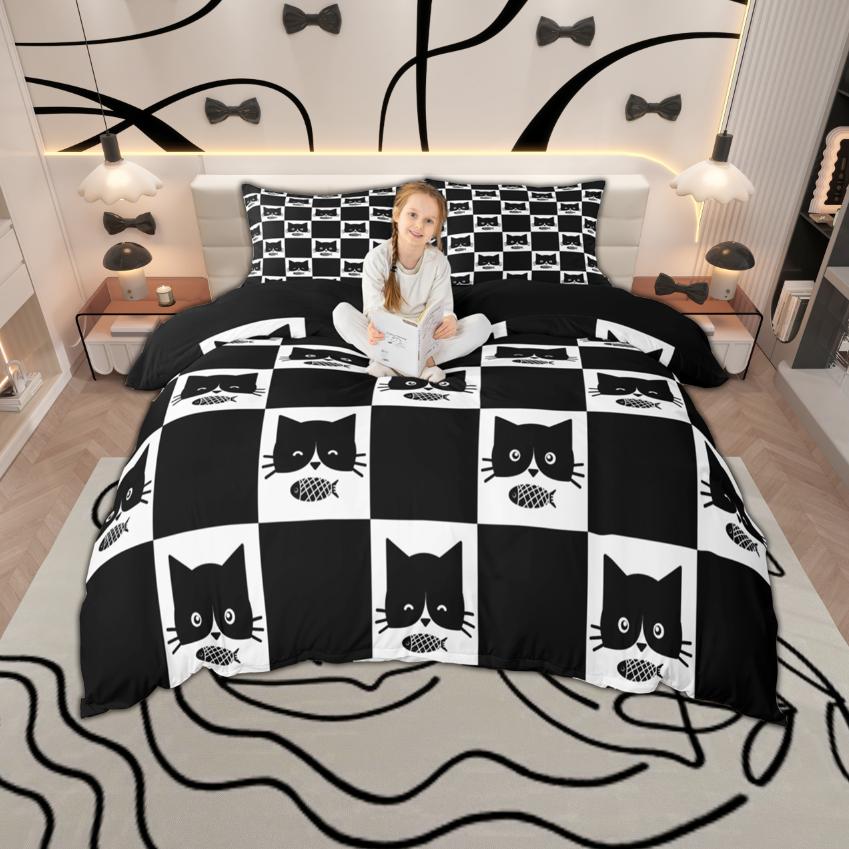 Homewish Kawaii Kitten Duvet Cover Set For Kids Children Cute Kitten Bedding Animal Pet Lovers Quilt Cover Set EU Single(135*200cm)3pcs