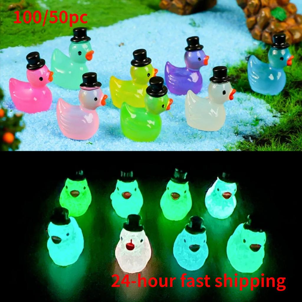 50-100 Piezas Patitos Mini Con Bombín Decoración del Hogar Brillan de Noche Pato Luminoso Jardín de Hadas Miniaturas Musgo Micropaisaje Decoración