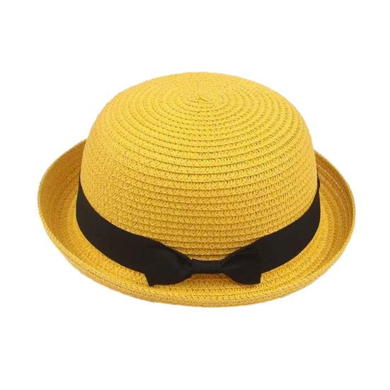 Parent-child Beach Hat Dome Curved Brim UV Protection Hat Handwoven Summer Outdoor Straw Hat with Black Satin Ribbon Bow
