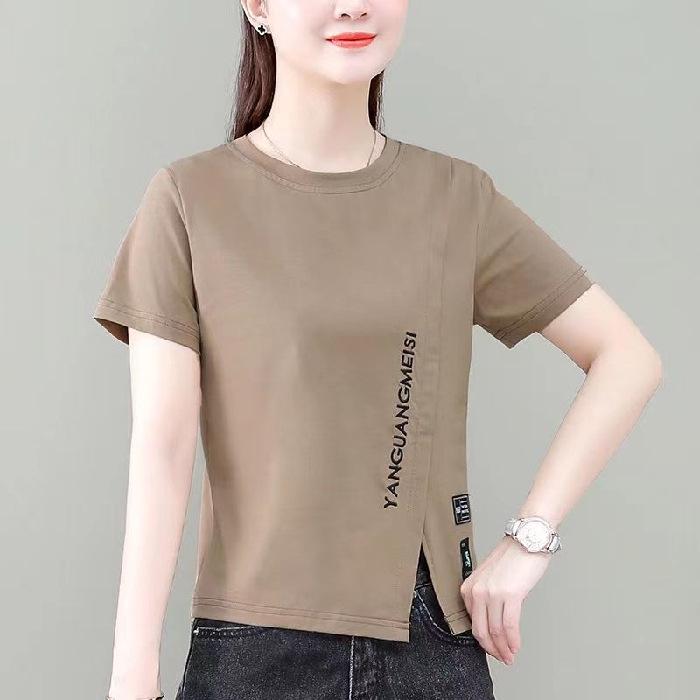 

Модная женская футболка с коротким рукавом приталенного силуэта - Корейский летний дизайн XL хаки