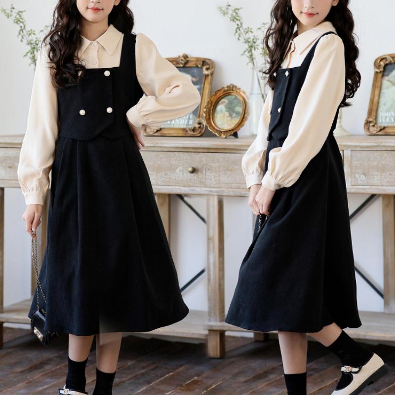 Girls' Fashionable Two-Piece Style Dress Spring/Fall Children's Vintage-Inspired Waist-Cinched Dress