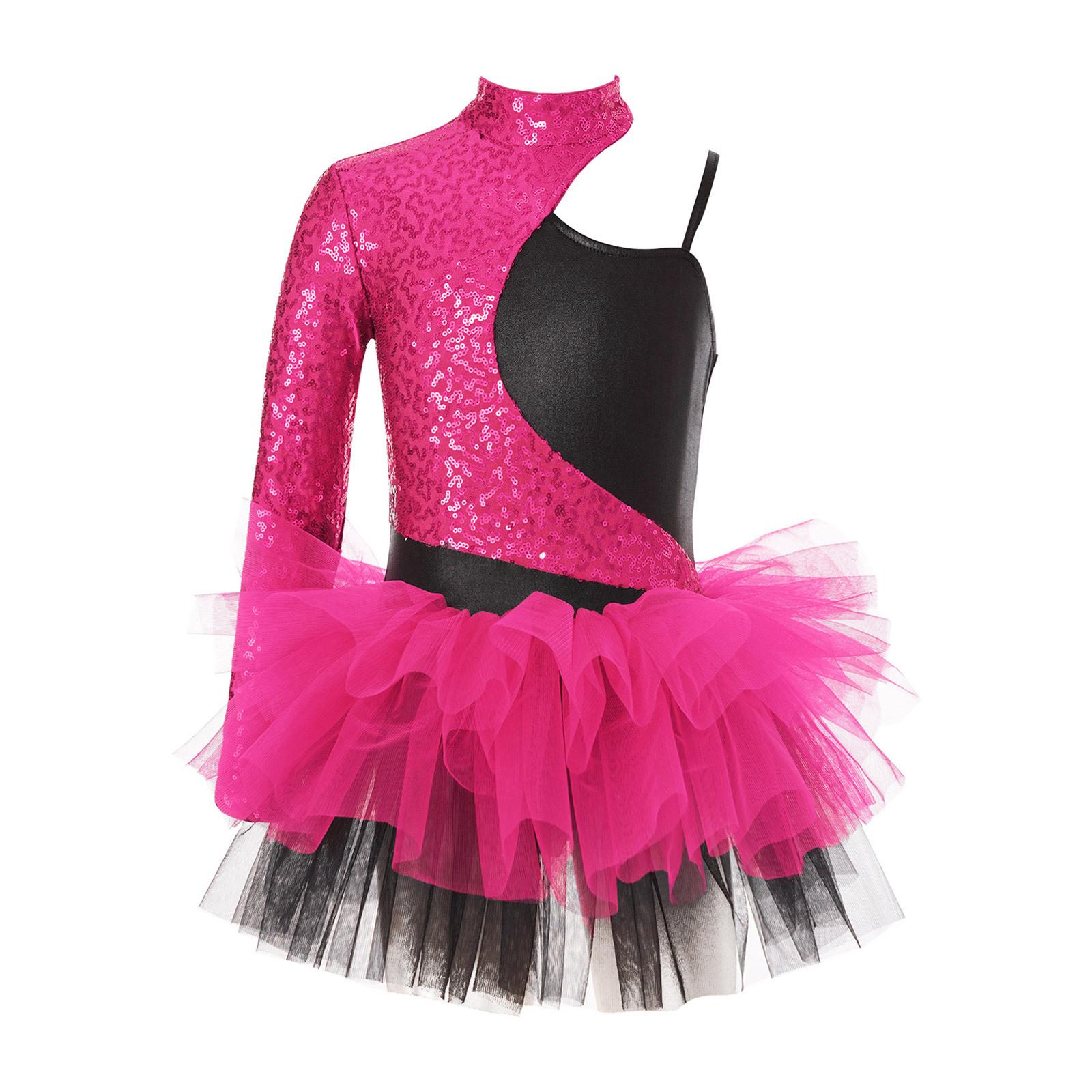 Abito da Ballo da Ragazza con Paillettes Lucenti Maniche Asimmetriche Gonna in Tulle a Contrasto Body Costume da Esibizione 15-16 Years colore rosa caldo