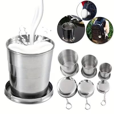 Taza Plegable de Acero Inoxidable de 250 ml para Viajes al Aire Libre, Camping, Tazas de Agua Plegables Portátiles con Llavero, Tazas de Té Retráctiles