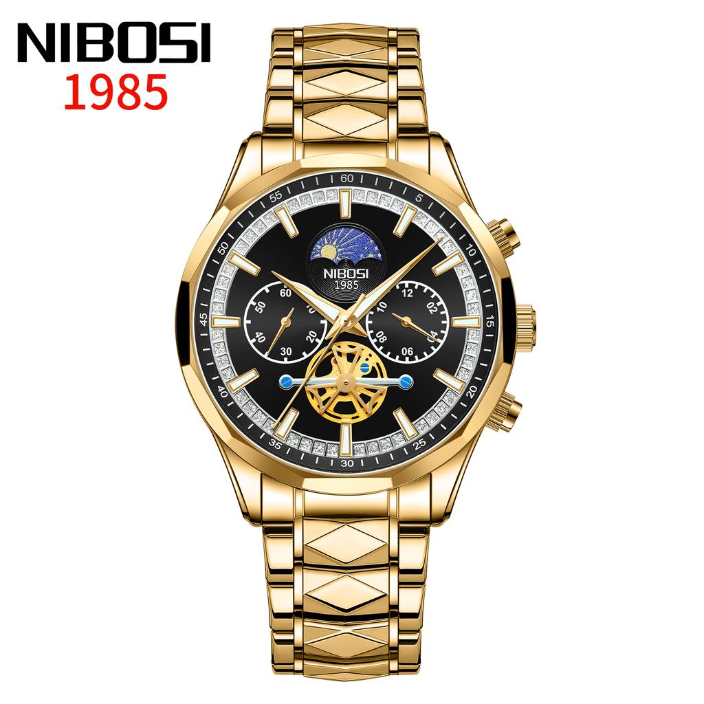 NIBOSI Star Moon Phase Watches Men Top Brand Luxury Automatic Watch for Men Luminous Waterproof Stainless Steel Quartz Clock