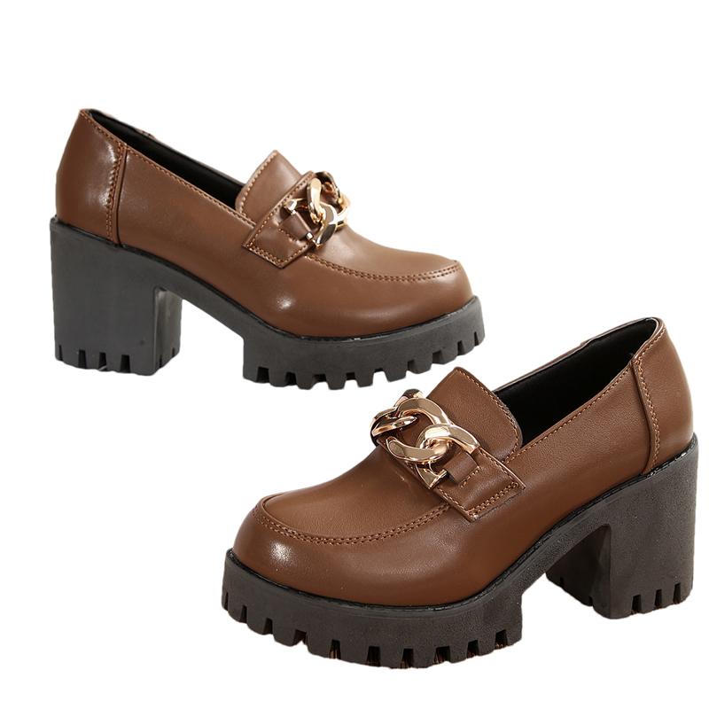 Fashion Chain High Heels Woman Loafers Shoes Leather Chunky Fashion Dress Walking Shoes Women 2024 Trend Pumps Elegant Zapatillas Female