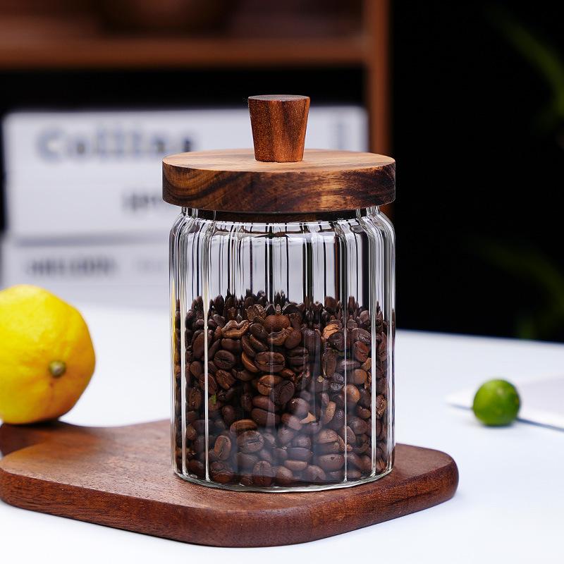 New household thickened honey storage tank with stirring stick Acacia wood cover transparent glass food sealed jar