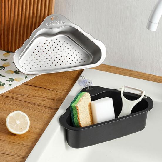 Spülbecken-Abtropfkorb mit Saugnapfbefestigung Sieb Edelstahl Dreieckiges Eckdesign Lebensmittelsieb für die Küche